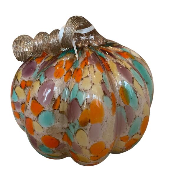 Multicolored Hand Blown Art Glass Pumpkin Stained Glass Designer Fall Home Decor - Picture 2 of 16